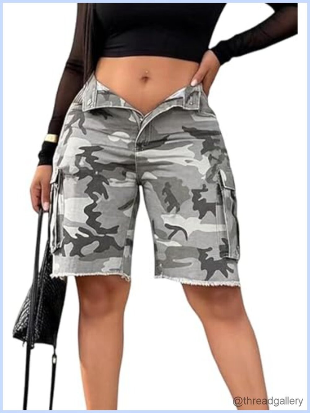 Women Camo Cargo Bermuda Shorts High Waist Wide Leg Stretchy Denim Jean Shorts